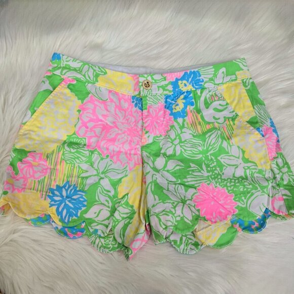 Floral Scalloped Hem Cotton Shorts – by Lilly Pulitzer Green Blue Resort Sz 00 - Picture 8 of 13
